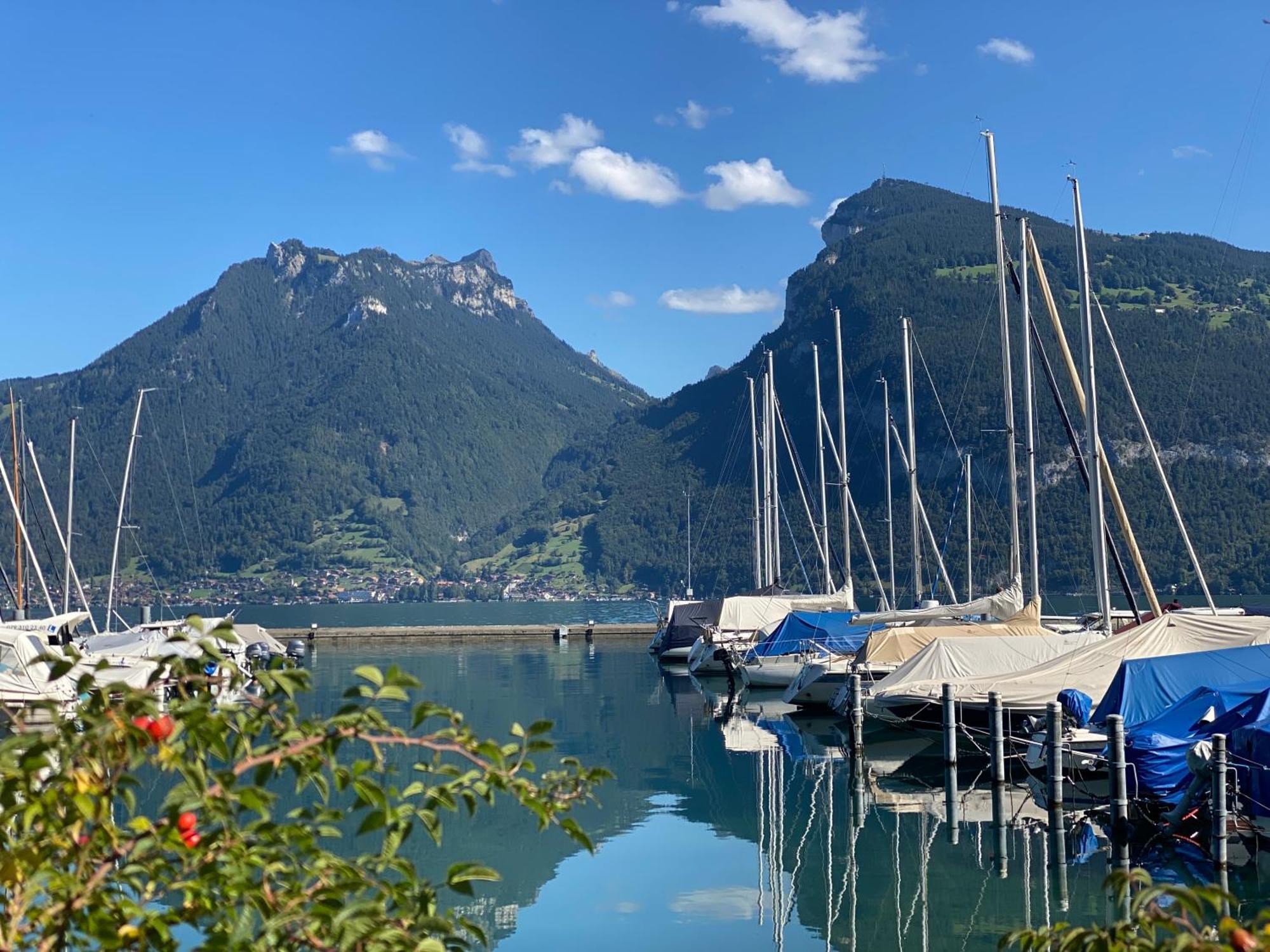 Herrlicher Blick Auf Berge Und See Faulensee Buitenkant foto